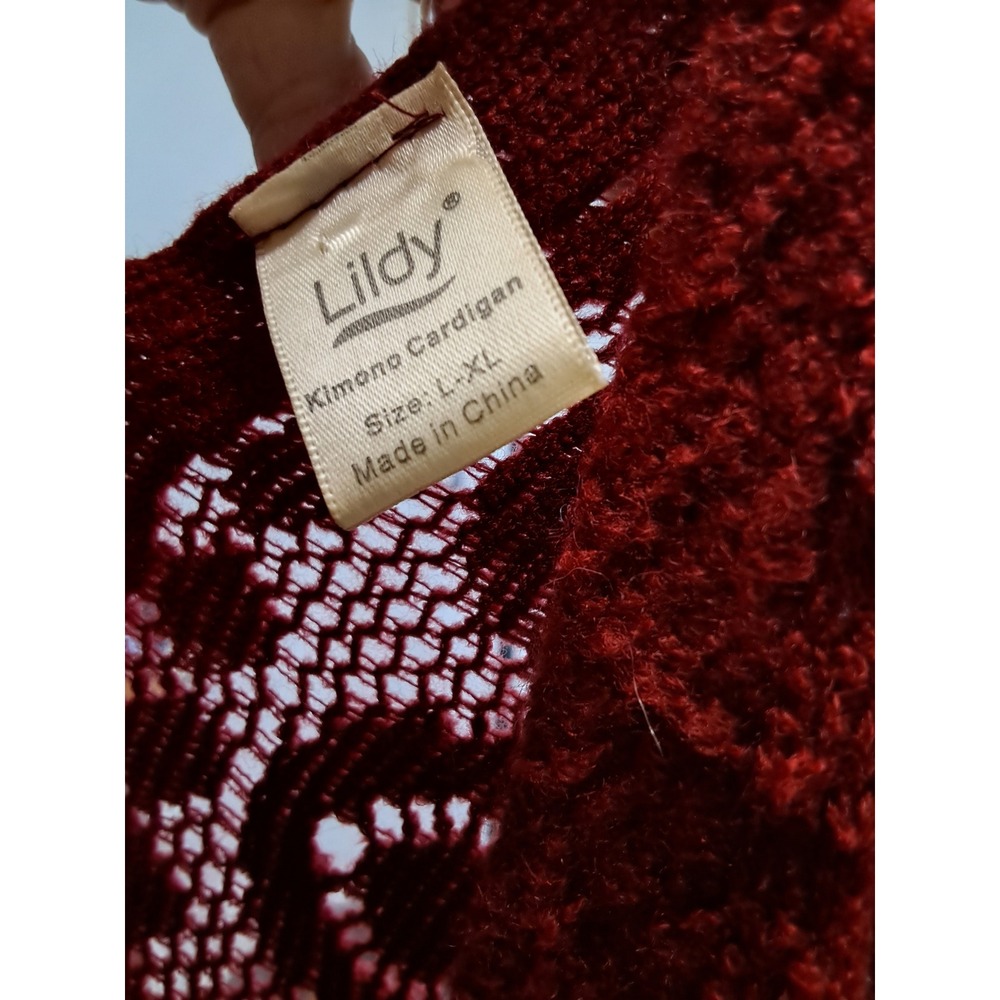 Lildy Women Wine Red Crochet Fringe Kimono Cardigan Duster L-XL Boho Open Front - Picture 4 of 5